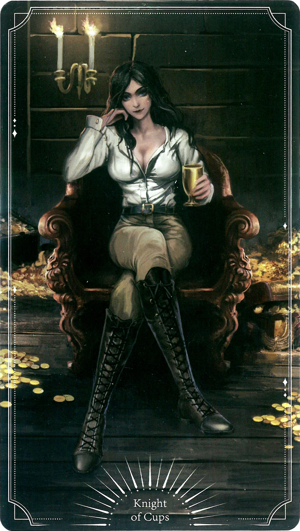 Tracy sitting in her Captain_s room on her ship, the Ailment.