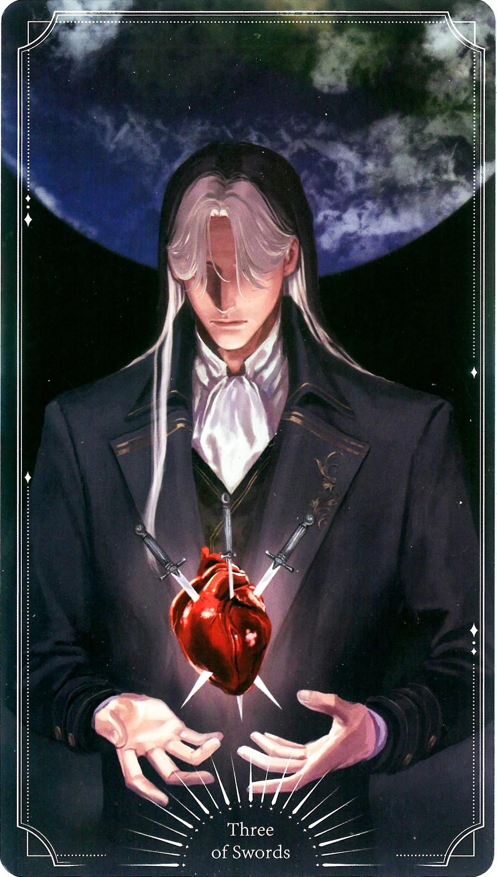 Mr. Door holding a heart pierced by swords with the Earth in the background.